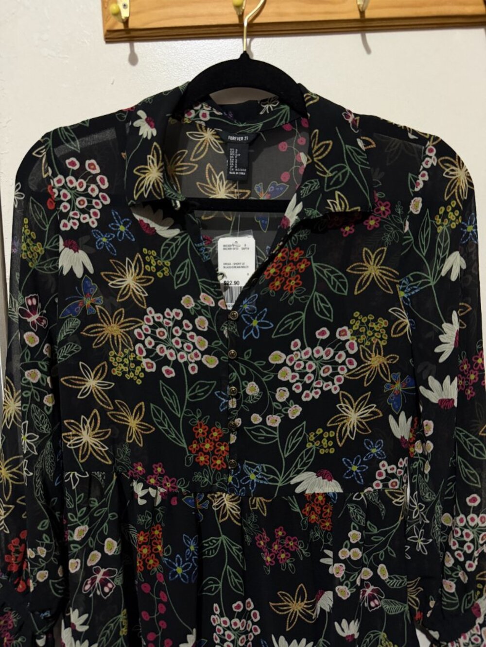 Forever 21 Floral Boho Chiffon Sheer Sleeve Dress New With Tags L - Picture 3 of 16